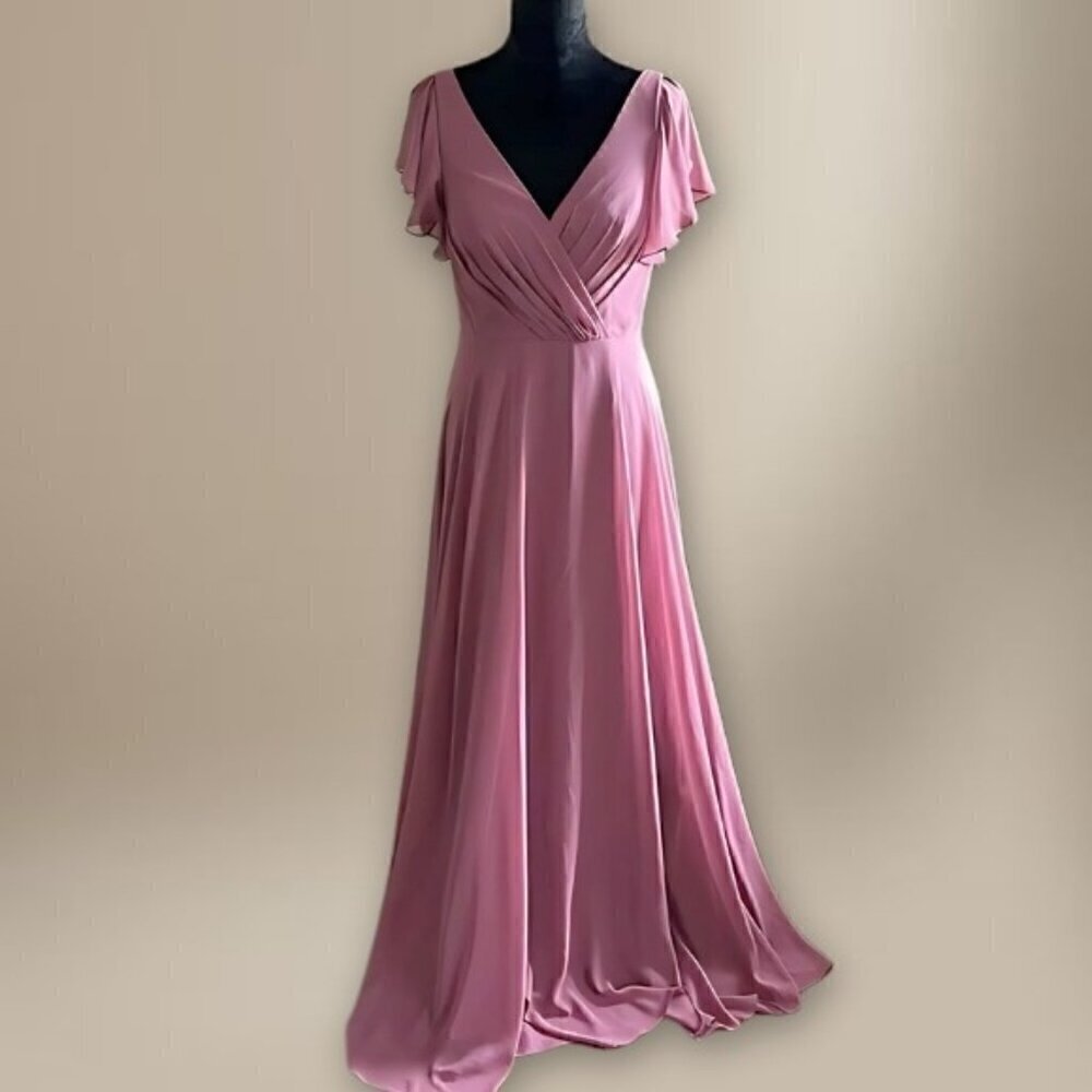 David’s Bridal A-Line Gown Surplice V-Neck Ruffle Sleeve Chiffon Pastel Purple - Picture 2 of 16